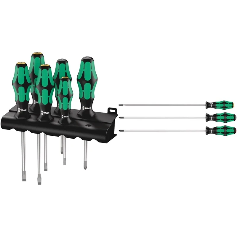Wera 334/355/6 Kraftform Plus Lasertip Screwdriver Set with Rack, PZ/SL, 6pc, 05105656001 & 335/350/355/3 Kraftform Plus Extra-Long Screwdriver Set, PH/PZ/SL, 3pc, 05347735002
