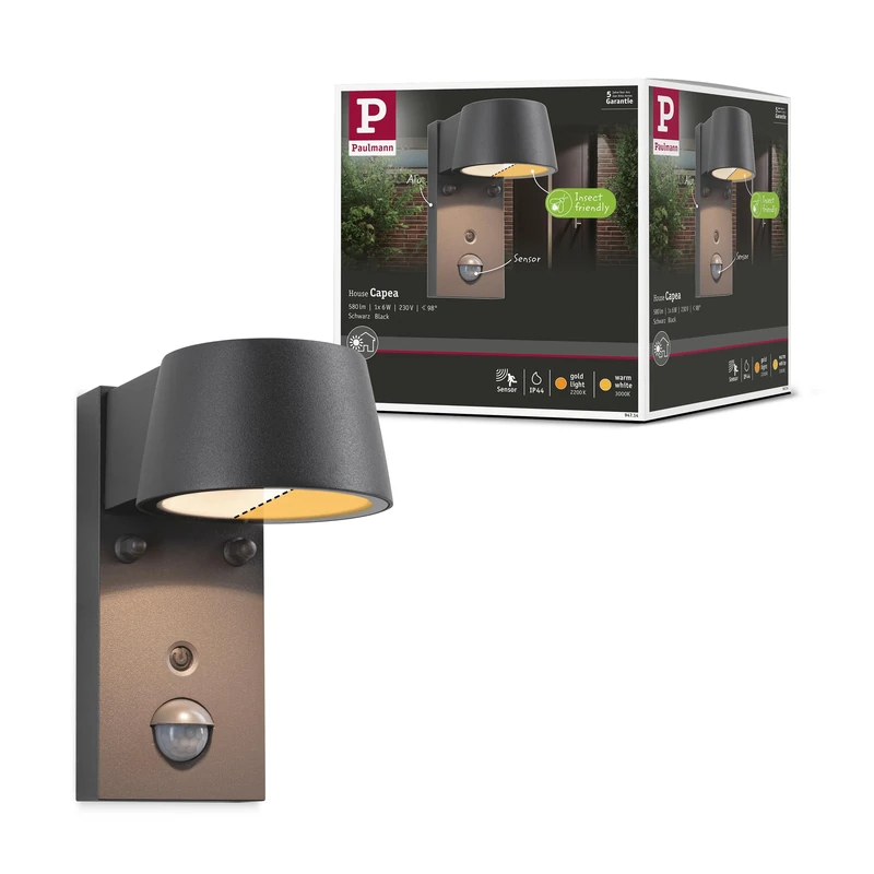Paulmann 94714 LED wall luminaire Capea motion sensor insect-friendly IP44 96x153mm Tunable Warm 6W 450lm 98° Black
