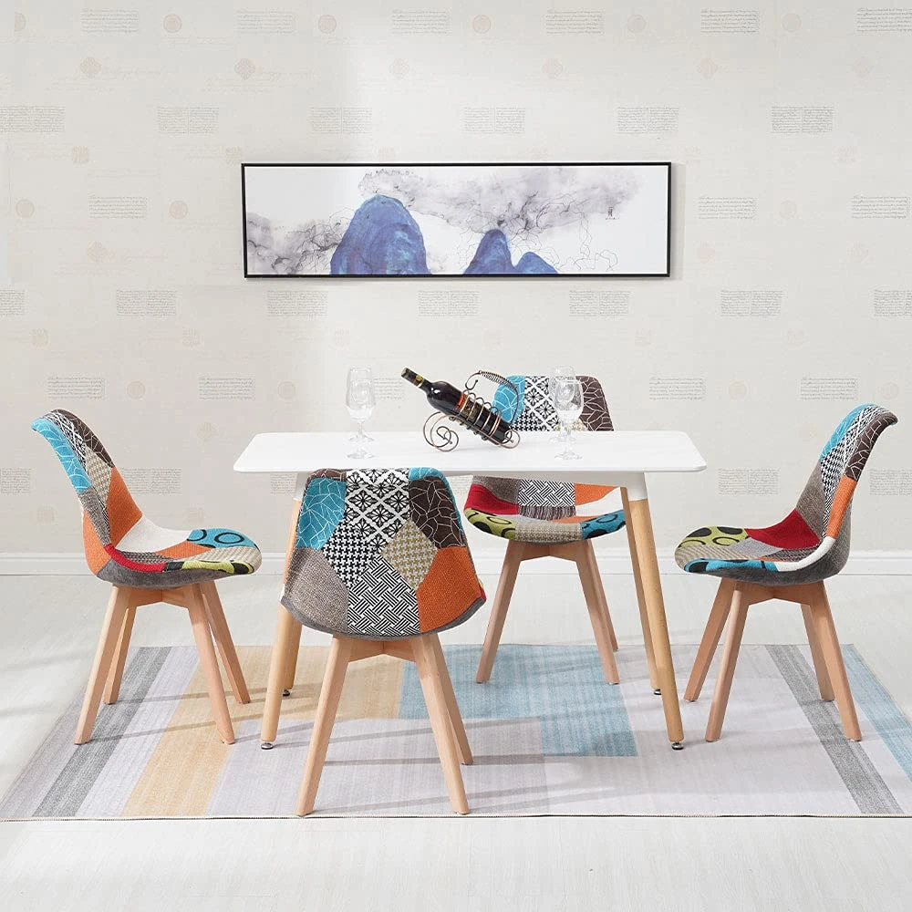 HomJoy Dining Table and 4 Chairs Set, Retro Patchwork Lounge Chair and 120cm Modern Rectangular Kitchen Table with Solid Wood Legs (4 Chairs + Rectangular)