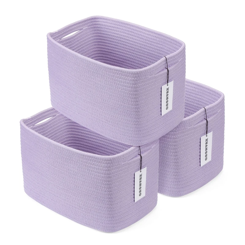 Cotton Rope Storage Basket Bins - Woven Rectangle Decorative Baskets for Organizing Shelves - 3 Pack Purple Lavender