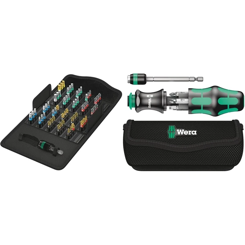 Wera Bit-Safe 61 BiTorsion 1 Comprehensive Torsion Bits and Holder Set in Pouch (for Drill/Drivers) 61 Piece, 05057441001 & Compact Tool Set "Kraftform 20" with Pouch, SL/PH/PZ, 7 Pieces