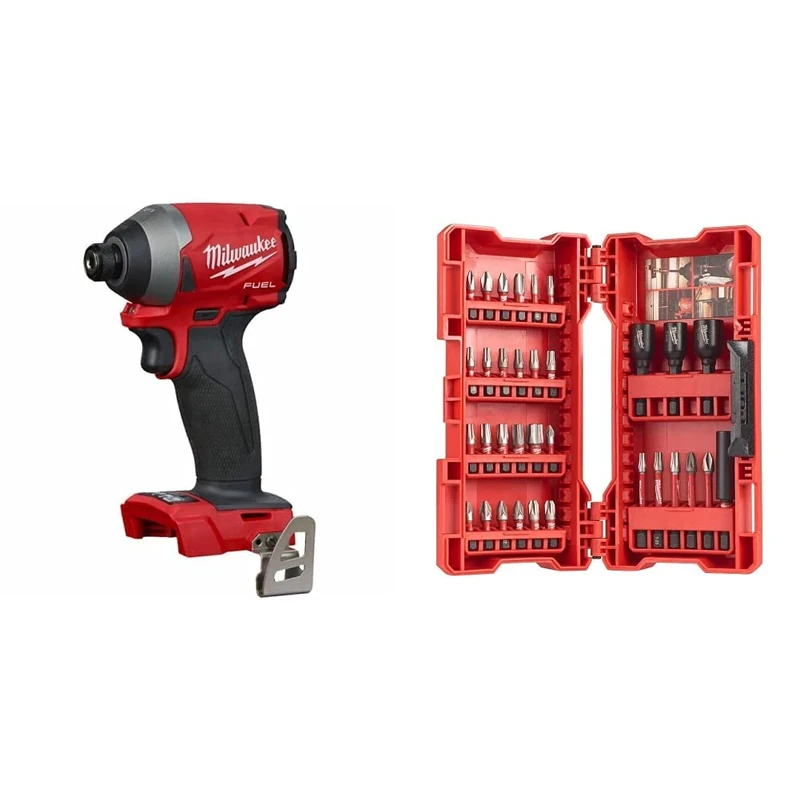 Milwaukee 4933464087 M18FID2-0 18V Impact Driver GEN 2 Body Only - Black-Red & 4932430905 Shockwave Impact Bits and Nut Drivers Set (33 Piece), Red