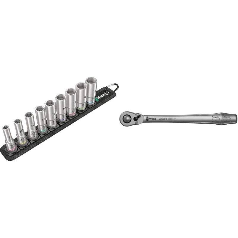 Belt B Deep 1 Socket Set of 9 Metric 3/8in Drive & 05004034001 8004 B Zyklop Metal Ratchet with Switch Lever and 3/8" Drive