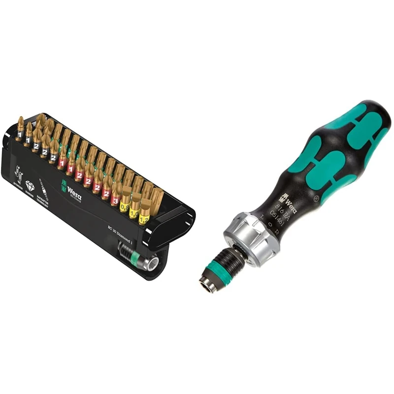 Wera Bit-Check 30 Diamond 1 Anti Cam-Out BiTorsion Long Life bit Set for Drill/Drivers PZ,PH,TX,SL 30 Piece, 05057431001 & 05051461001 1/4 x 142 816 RA Ratchet Screwdriver - Silver