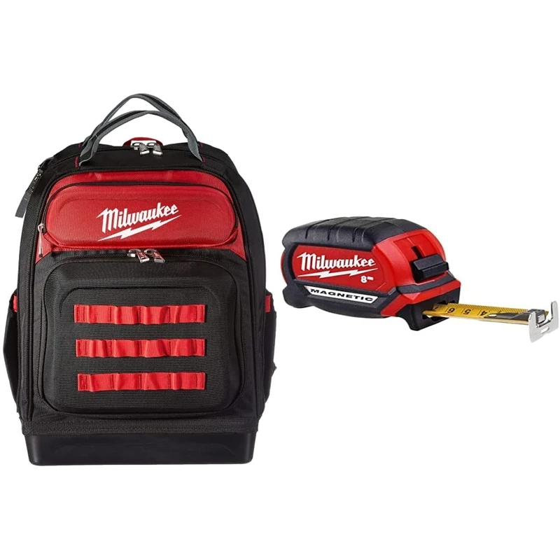 Milwaukee 4932464833 Ultimate Jobsite Backpack & 4932464600 Magnetic Tape Measure 8/27, Red