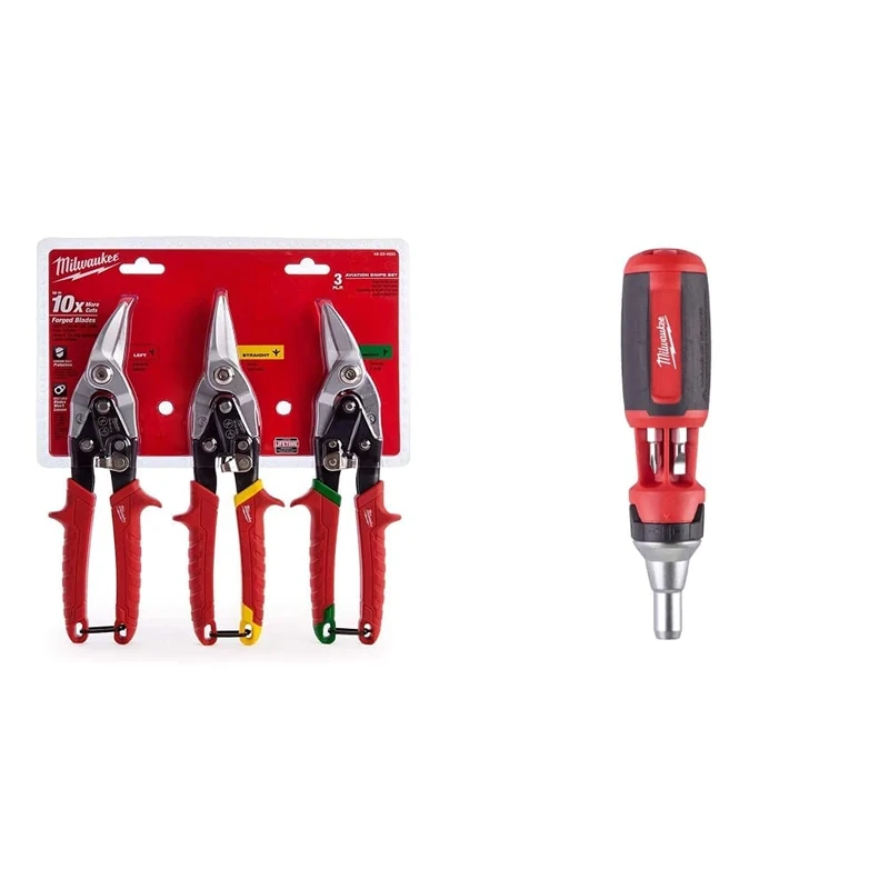 Milwaukee 48224533 Snips Promo Set of 3 & Universal Ratchet Screwdriver 10 in 1 Color E 0 W 0 V Multicoloured One Size, 4932471598