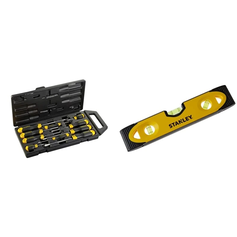 Stanley 2-65-005 PH"Cushion Grip" Screwdriver, Multi-Colour, Set of 10 Piece & Shock Proof Torpedo Level 230 mm/9 Inch 0-43-511