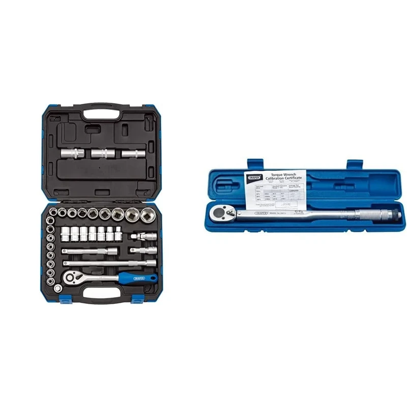 Draper 16363 1/2-Inch Square Drive Combined MM/AF 33 Piece Socket Set & 30357 Micrometer Reversible Ratchet Torque Wrench, 1/2" Square Drive, 30Nm-210Nm, Blue