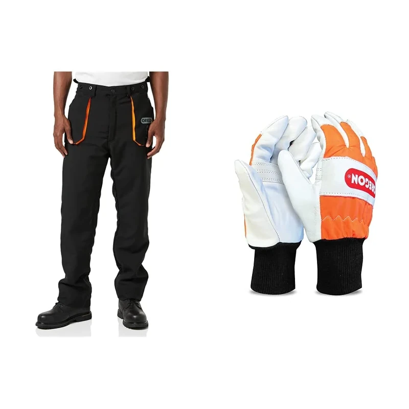 Oregon Yukon Chainsaw Protective Trousers & Chainsaw Gloves, Left-Hand Protection, PPE Clothing, Pair of Professional Chainsaw Protective Gloves, High Visibility, Leather, Orange – Large (Size 10)