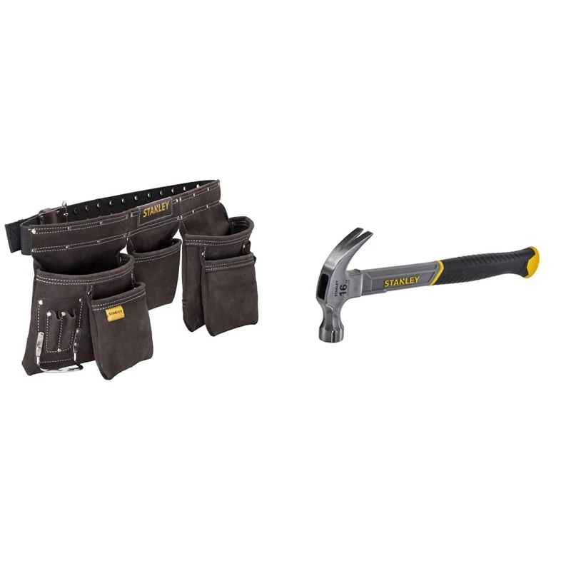 STANLEY Leather Tool Belt Pouch Apron, Multi-Pockets Storage Organiser, Hammer Loop, STST1-80113 & STHT0-51309 16oz Fiberglass Curved Claw Hammer, 450g
