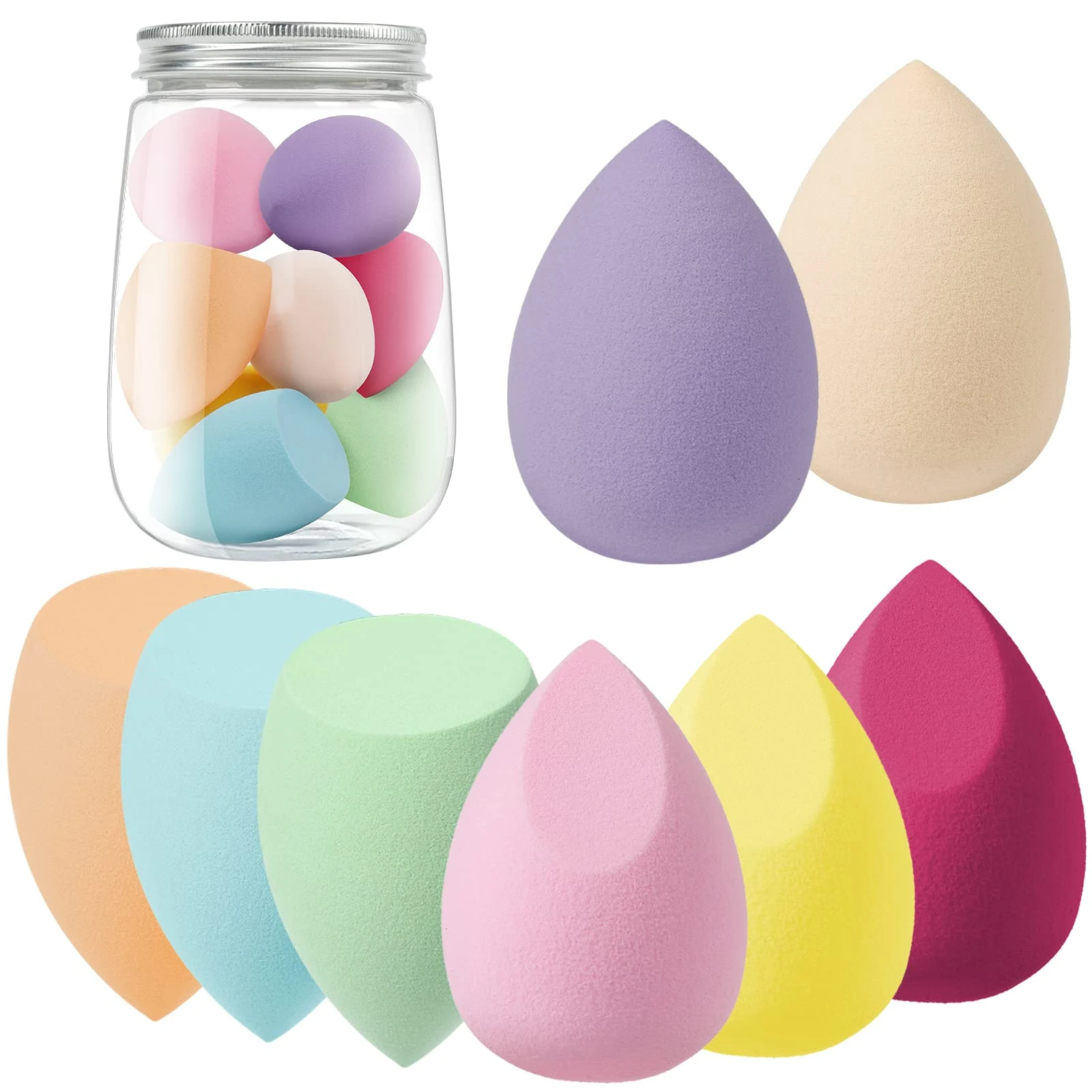 AUAUY 8 Pcs Makeup Sponge Blender Set, Beauty Sponge, Makeup Sponges for Foundation, Multi-color Makeup Sponge Set With 1 Storage Tank, for Liquid, Cream, and Powder (3 Shapes)