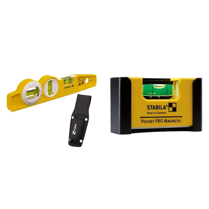 Stabila 16670/0 25 cm Torpedo Type 81 SV REM W360 Spirit Level with Bag - Yellow/Black & 17953 Magnetic Pocket Bubble Level