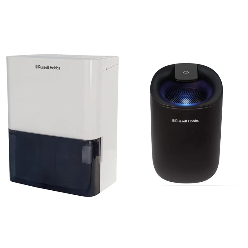 Russell Hobbs RHDH1001 10 Litre/Day Dehumidifier,White & RHDH1061B 300ml/day, Black Dehumidifier with Auto Defrost for Home, Kitchen, Basement, Garage, Caravan, Bathroom, Lightweight, 15m2 Room Size