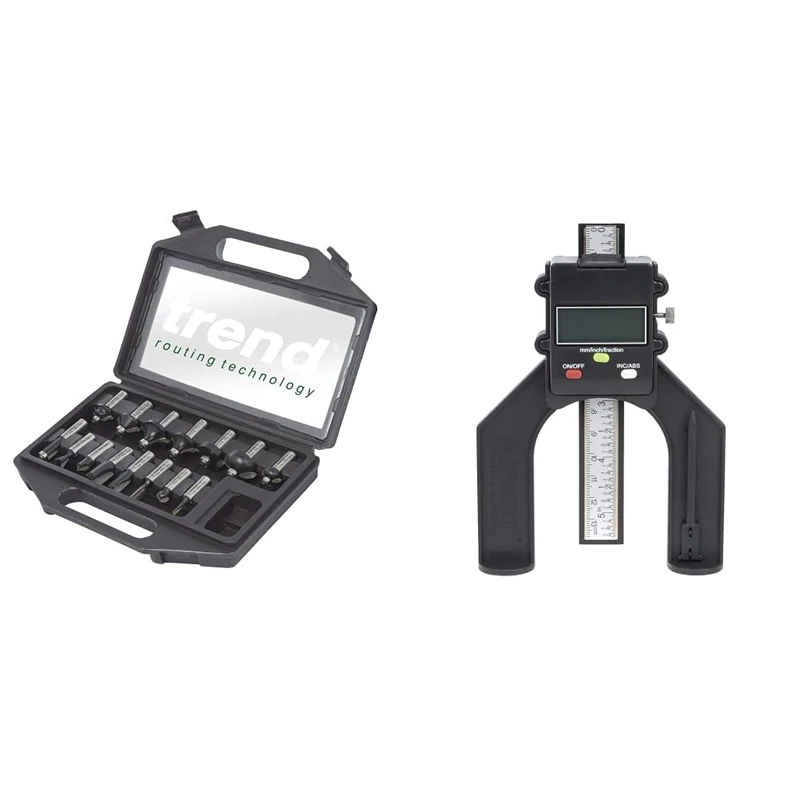 Trend SET/SS9X1/2TC 1/2-inch TC Starter Cutter Set, 15 Pieces & GAUGE/D60 Digital Depth Gauge with 60mm Jaw Opening for Setting Rebates and Grooves, Black, 240V
