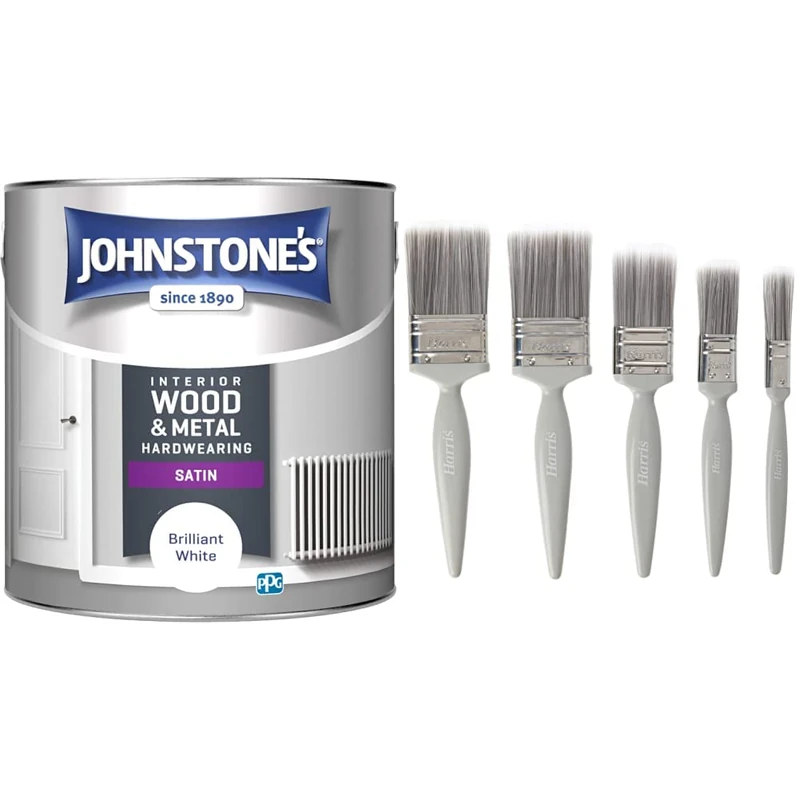 Johnstone's Hardwearing Satin, Briliant White, 2.5L and Harris Essentials Walls & Ceilings Paint Brush Set | Pack of 5 | 0.5", 1", 1.5", 2"