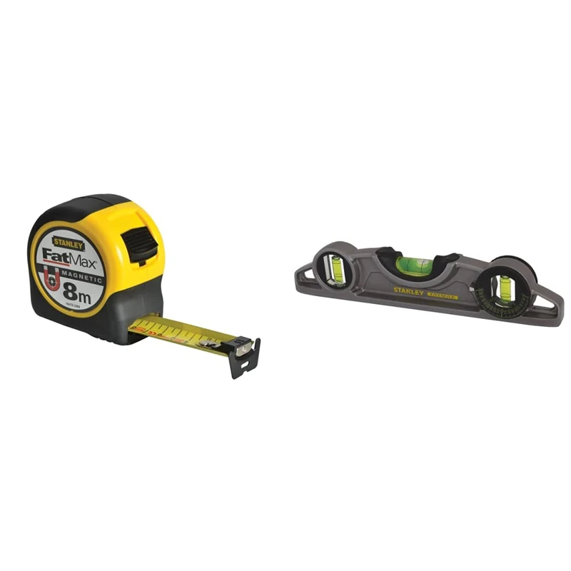 Stanley FMHT0-33868 Magnetic Tape, 8m & FATMAX XTREME Torpedo Level Heavy Duty Aluminium Body and Magnetic Base Including 3 Reversible Vials 0-43-609
