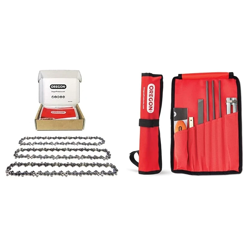 Oregon Chainsaw Chain for 18-Inch (45 cm) Bar - 62 Drive Links (Pack of 3) & Universal Chainsaw Field Sharpening Kit, Chain Sharpener with 5/32" (4 mm), 3/16" (4.8 mm), (617067)