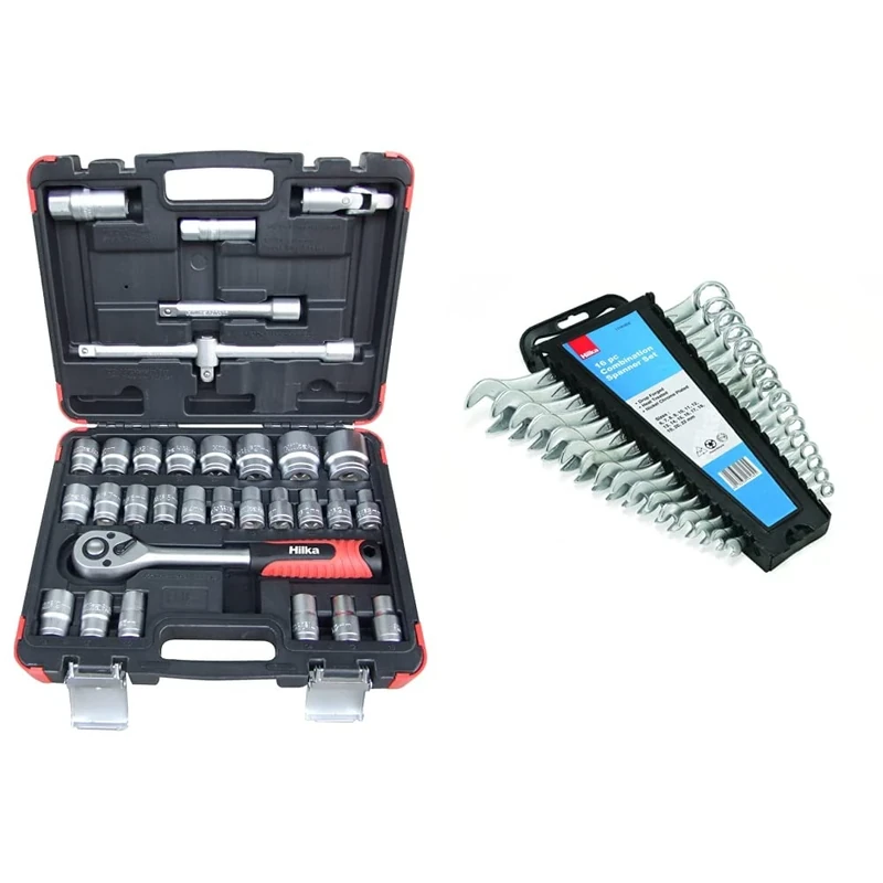 Hilka 01123202 32pce 1/2-inch Drive Socket Set & 17161602 Metric Combination Spanner Set