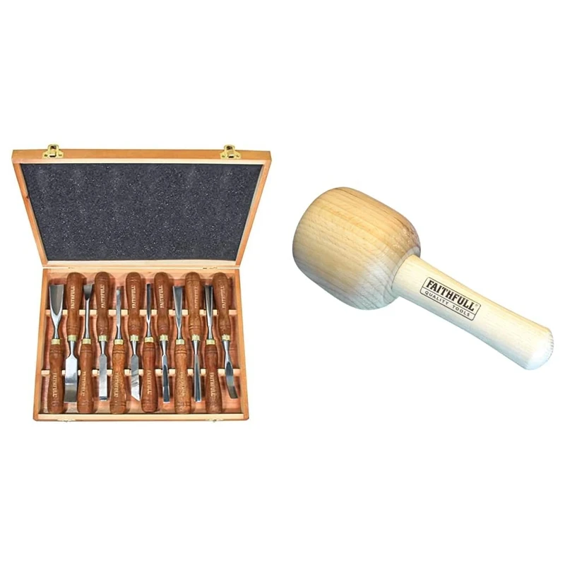 Faithfull FAIWCSET12 Wood Carving Chisels Set of 12 in Presentation Case & FAICM90HD Wood Carvers Beech Mallet 90mm (3.5in) 440g (15.5oz)