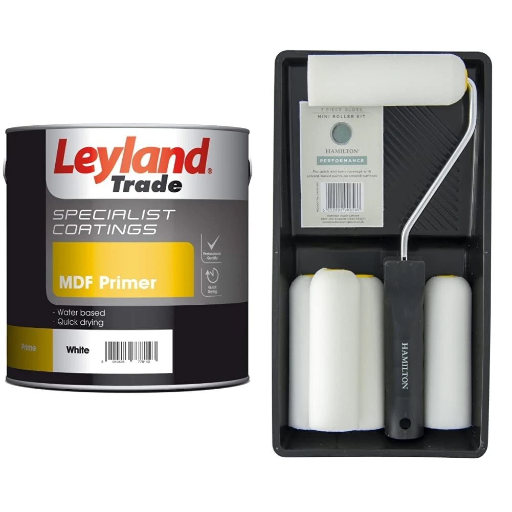 Leyland Speciality MDF Primer - White 2.5L & Performance Gloss Mini Roller Kit (7 Pieces)