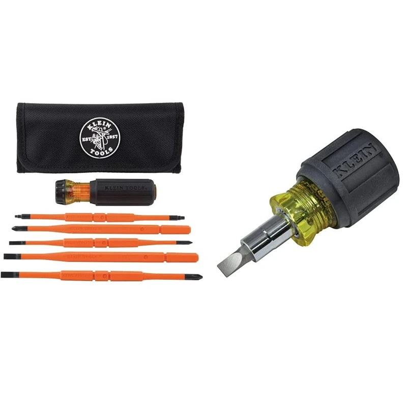 Klein Tools 32288 Insulated Screwdriver & Klein Tools 32561 Stubby Screwdriver and Nut Driver with 6-in-1 Multi-Bits, 1 and #2 Phillips, 3/16-Inch Slotted, 1/4-Inch and 5/16-Inch, Black and Yellow