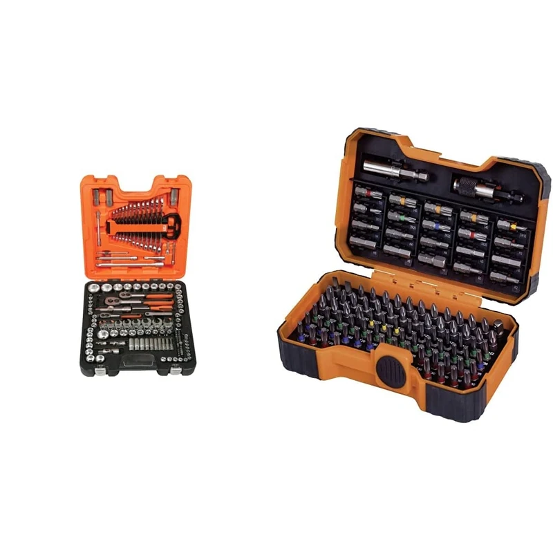 Bahco S138 Socket & Mechanical Set, Metric/AF 1/4", 3/8", 1/2" Drive, 138 Pieces & BH59/S100BC 100 Pcs Bit Set for Slotted, Phillips, Pozidriv, Hexagon, Robertson nd Coloured TORX,TORX Tamper