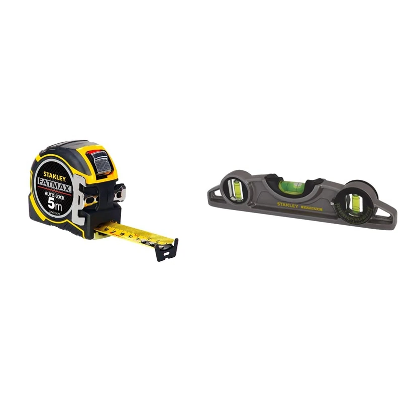 STANLEY STA033671 FATMAX Autolock Tape, 5m Metric Only, Yellow/Black & FATMAX XTREME Torpedo Level Heavy Duty Aluminium Body and Magnetic Base Including 3 Reversible Vials 0-43-609
