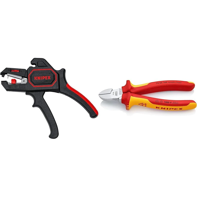 Knipex Automatic Insulation Stripper 180 mm 12 62 180 & Knipex Diagonal Cutter Chrome-Plated, Insulated with Multi-Component Grips, VDE-Tested 160 mm 70 06 160