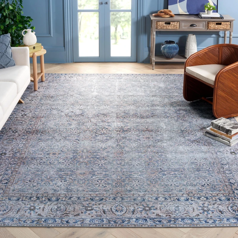 Safavieh Traditional Rug Ideal for High Traffic Areas - Machine Washable and Non Slip - Tucson Collection, Short Pile, in Blue and Beige, 244 X 305 cm