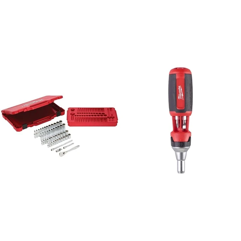 Milwaukee 932464944 1/4in Ratcheting Socket Set Metric & Imperial, 50 Piece & Universal Ratchet Screwdriver 10 in 1 Color E 0 W 0 V Multicoloured One Size, 4932471598