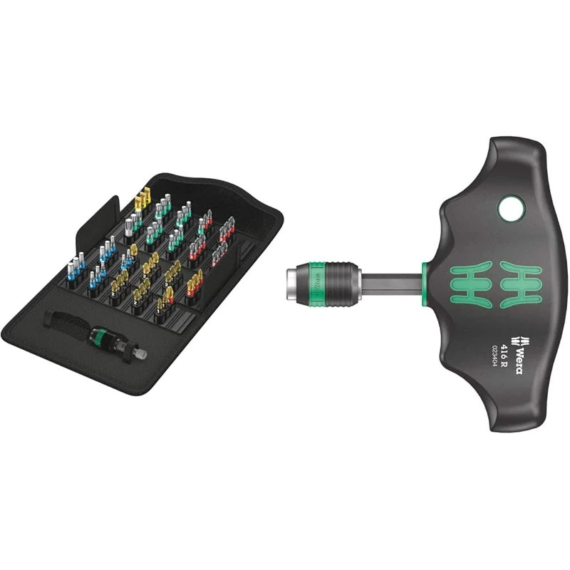 Wera Bit-Safe 61 BiTorsion 1 Comprehensive Torsion Bits and Holder Set in Pouch (for Drill/Drivers) 61 Piece, 05057441001 & 416 R T-Handle Bitholding Screwdriver Rapidaptor, 1/4" x 45 mm, 05023404001