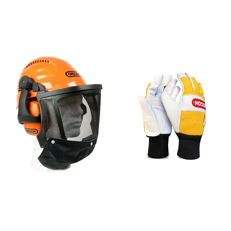 Oregon 562413 Waipoua Professional Chainsaw Safety Helmet with Protective Ear Muff and Mesh Visor, Hard Hat Safety Protection Equipment & Chainsaw Protective Gloves, Leather – Pair (M)