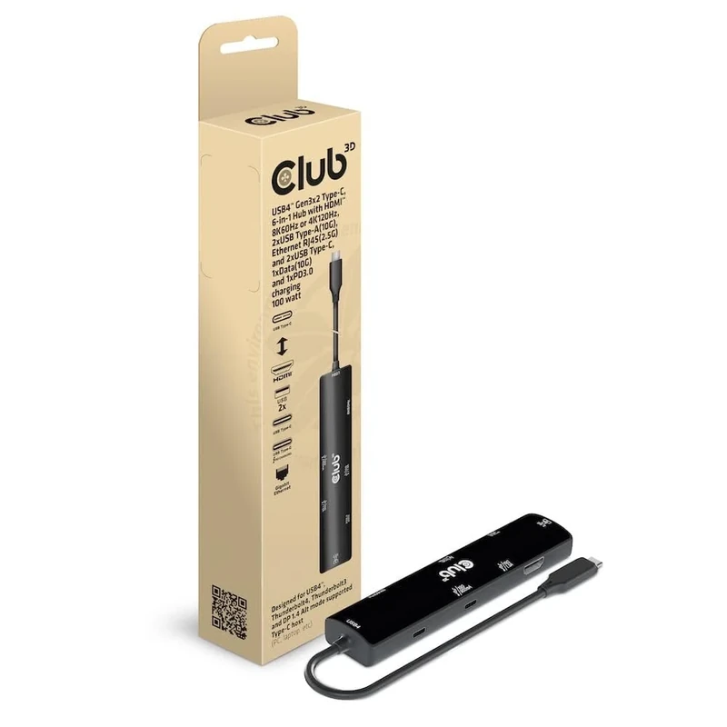 Club3D CSV-1599 USB4™ Gen3x2 Type-C, 6-in-1 Hub with HDMI™ 8K60Hz or 4K120Hz, 2xUSB Type-A (10G), Ethernet RJ45(2.5G) and 2xUSB Type-C, 1x Data (10G) and 1xPD3.0 Charging 100 Watt
