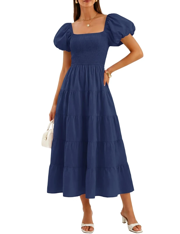 ZESICA Women's 2025 Summer Square Neck Short Puff Sleeve Solid Color High Waist Casual Smocked Flowy A Line Tiered Midi Dress, Navy, L
