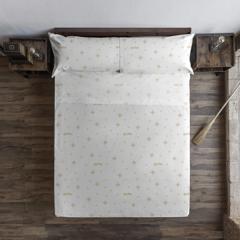 BELUM | Harry Potter Sheet Set, 100% Cotton Printed Bed Sheet Set with Pillow and Fitted Sheet, HPotter Stars Gold for 180 Bed