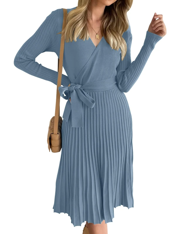 ZESICA Women's Long Sleeve Wrap V Neck Ribbed Knit Pleated A Line Pullover Sweater Dress with Belt, Dustyblue, Large
