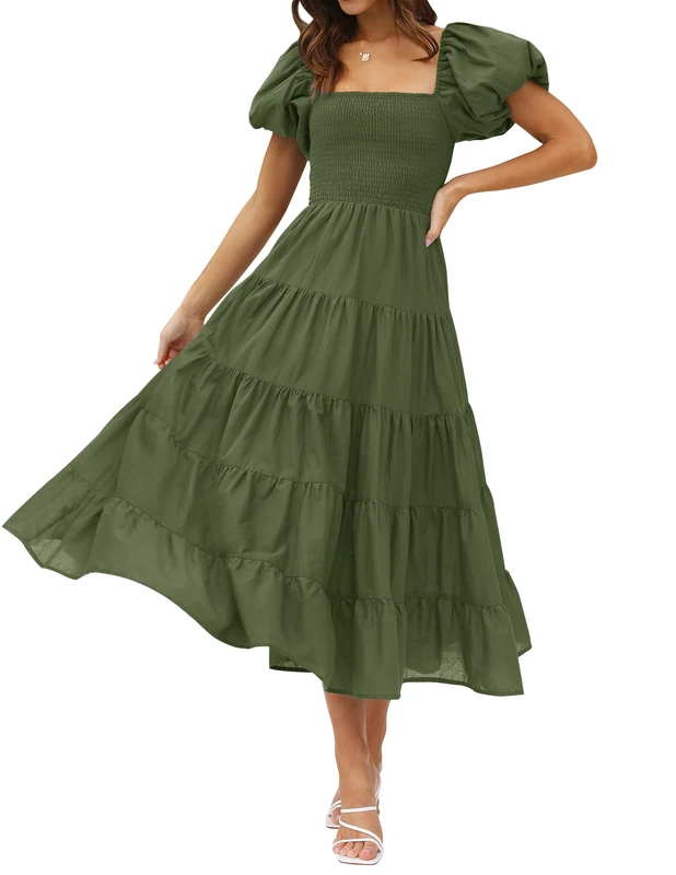 ZESICA Women's Summer Square Neck Short Puff Sleeve Solid Color High Waist Casual Smocked Flowy A Line Tiered Midi Dress, ArmyGreen, Medium