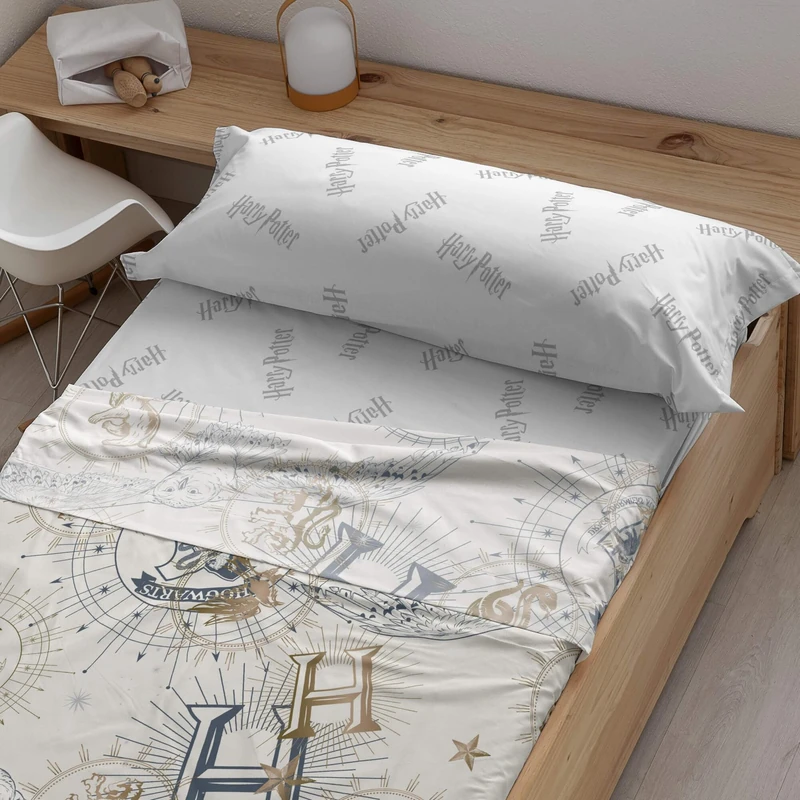 BELUM | Harry Potter Sheet Set, Printed Sheet Set with Pillow and Fitted Sheet 100% Cotton HPotter Gold Beige for 150/160 Bed