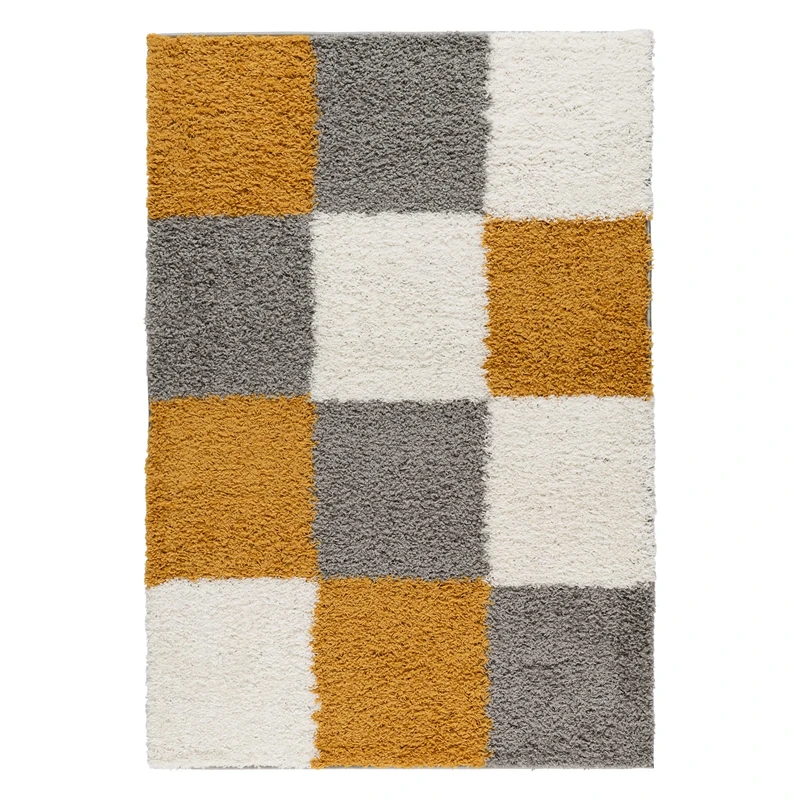 Mynes Home Deep-Pile Shaggy Rug, Checked Gold, 120 x 170 cm, Easy-Care Long Pile Living Room Rugs