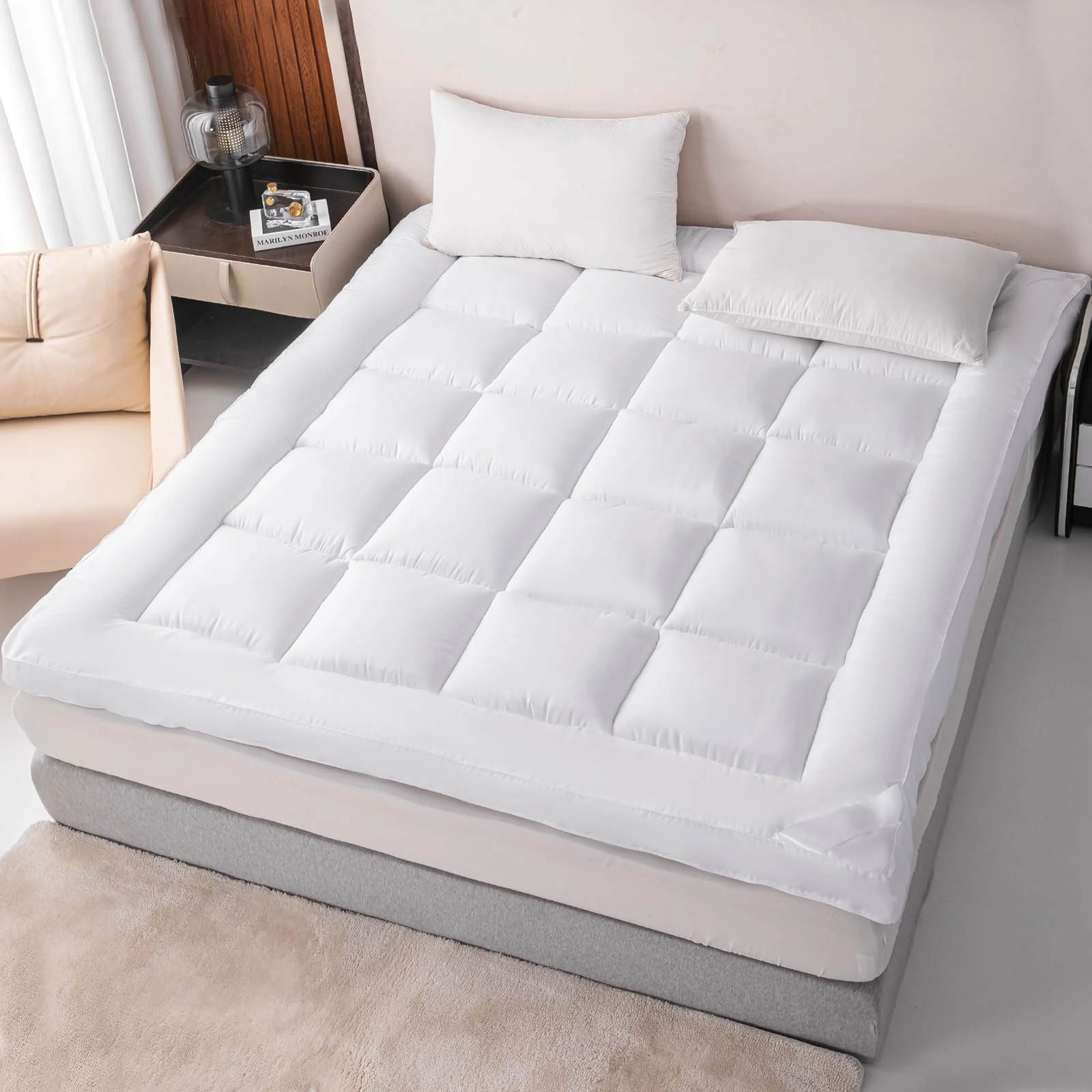 Mattress Topper 10cm KING Size Bed Extra Deep & Super Soft hotel quality Mattress Enhancer Box Stitched Mattress Pad with Strong Corner Elastic Straps (10cm, King - 152 × 200 CM)