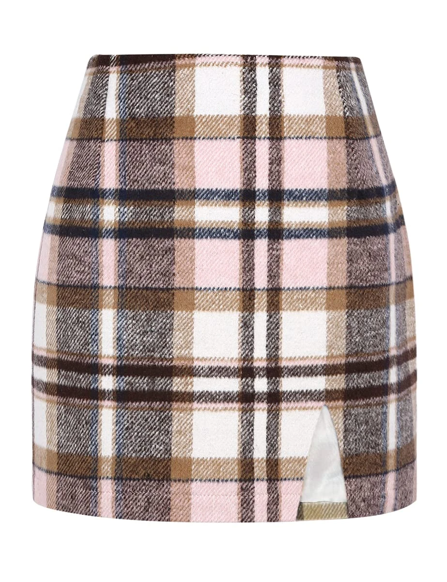 IDEALSANXUN Plaid Mini Skirts for Womens High Waisted Fall Winter Wool Bodycon Pencil Skirts with Slit, Pink, XXL