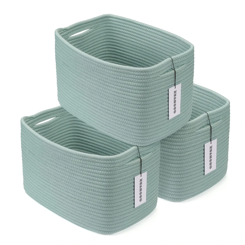 Cotton Rope storage Basket Bins Woven Basket for Organizing Shelves Closet Rectangle Decorative Baskets For storage Clothes Toys Books Towels 3 pack 14.8”X9.8”X8.5” Wicker basket (Green)