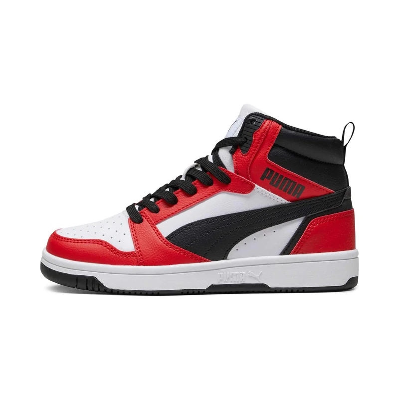 PUMA Unisex Kids Rebound V6 Mid Jr Sneaker, Puma White Puma Black for All Time Red, 5.5 UK