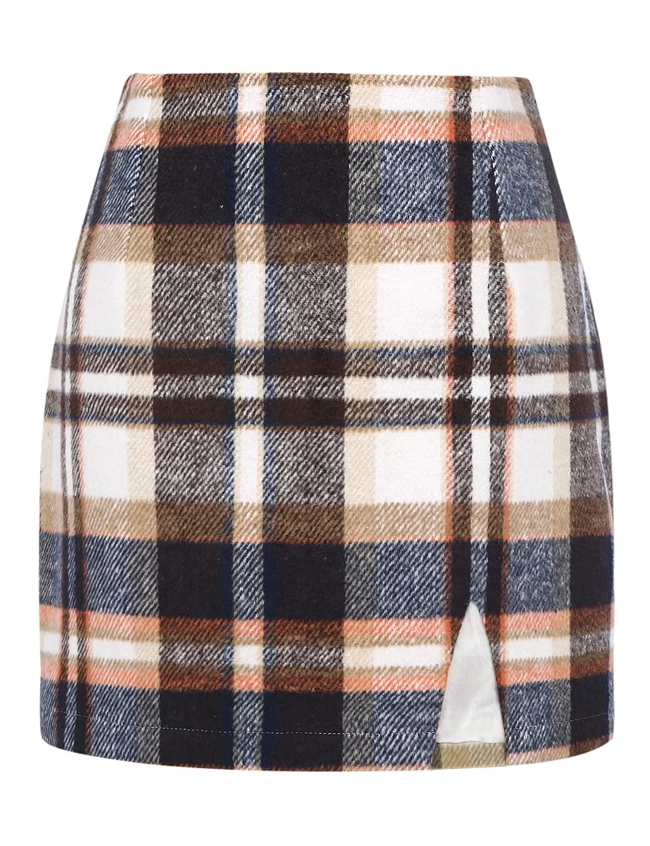 IDEALSANXUN Plaid Mini Skirts for Womens High Waisted Fall Winter Wool Bodycon Pencil Skirts with Slit, Brown, XXL