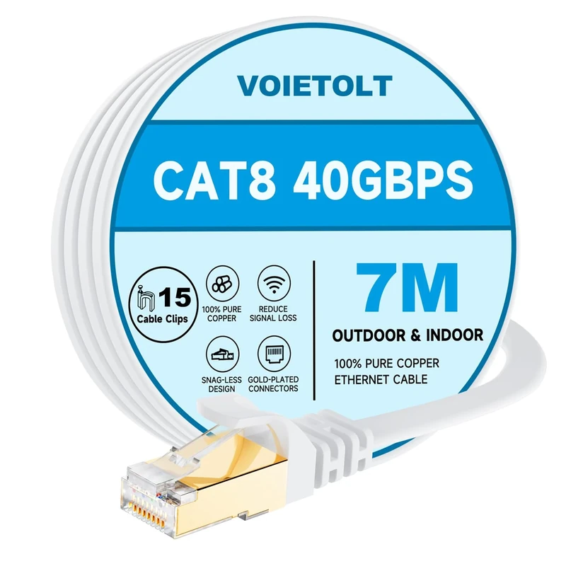 VOIETOLT Cat8 Ethernet Cable 7M, 40Gbps/2000Mhz Flat High Speed Network Cable, STP RJ45 Gigabit Cat-8 Lan Internet Cable for PS4/5, for Modem - White