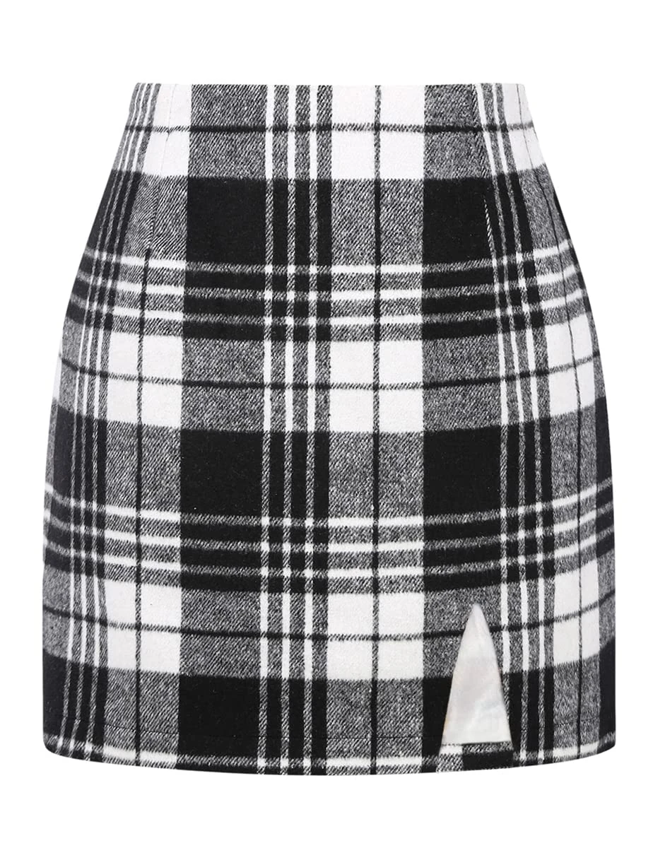 Plaid Mini Skirts for Womens High Waisted Fall Winter Wool Bodycon Pencil Skirts with Slit, Black, XXL