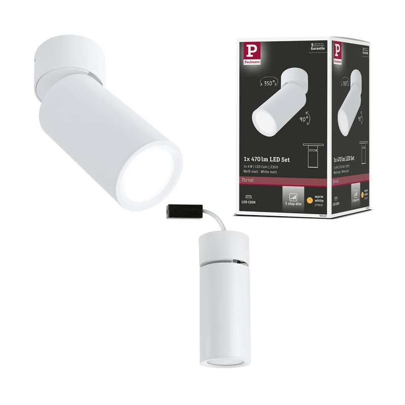 Paulmann 93087 LED ceiling luminaire surface-mounted Turnal 470lm 3-Step-Dim swivelling round incl. 1x6W dimmable lamp white matt metal 2700K Coin