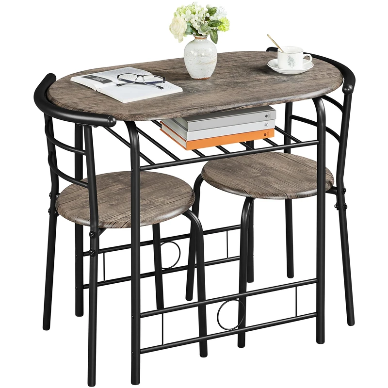 Yaheetech 3 Piece Dining Room Set, Modern Round Dining Table & Chairs Set for 2, Compact Breakfast Bar Table Set with Metal Legs and Shelf, Built-in Wine Rack for Dining Room, Living Room, Drift Brown