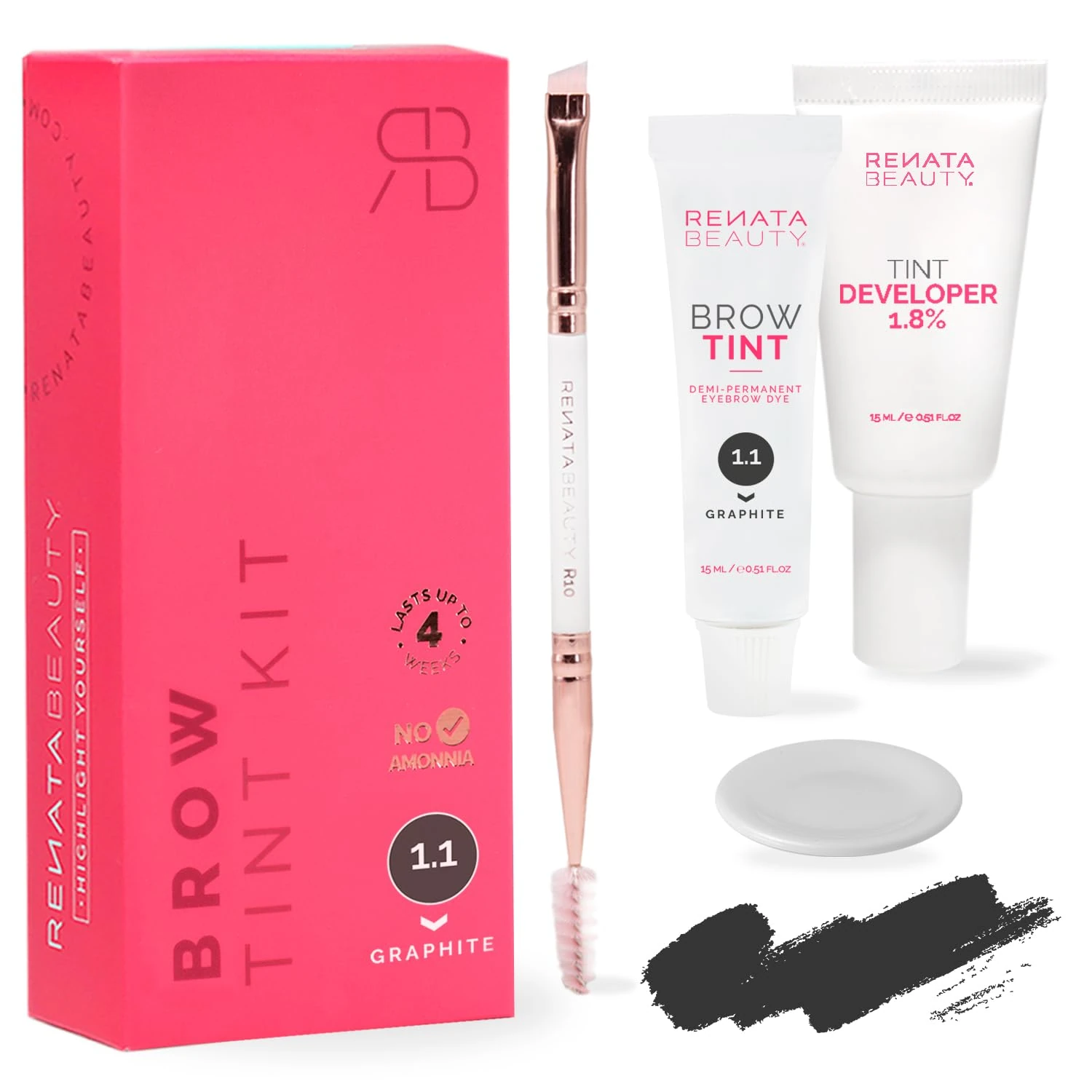 RB RENATA BEAUTY Brow Tint Kit – Eyebrow Tint Set – Dye Kit with Color Tint, Cream Developer and Styling Brush – Long-Lasting Effect Up to 4 Weeks – 30 Applications [Graphite]