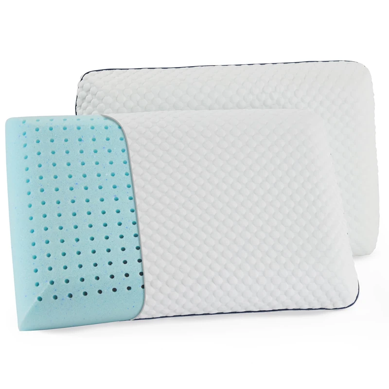 WEEKENDER Gel Memory Foam Pillow – Cooling & Ventilated - 2 Pack Queen Size - Premium Washable Cover White, Blue